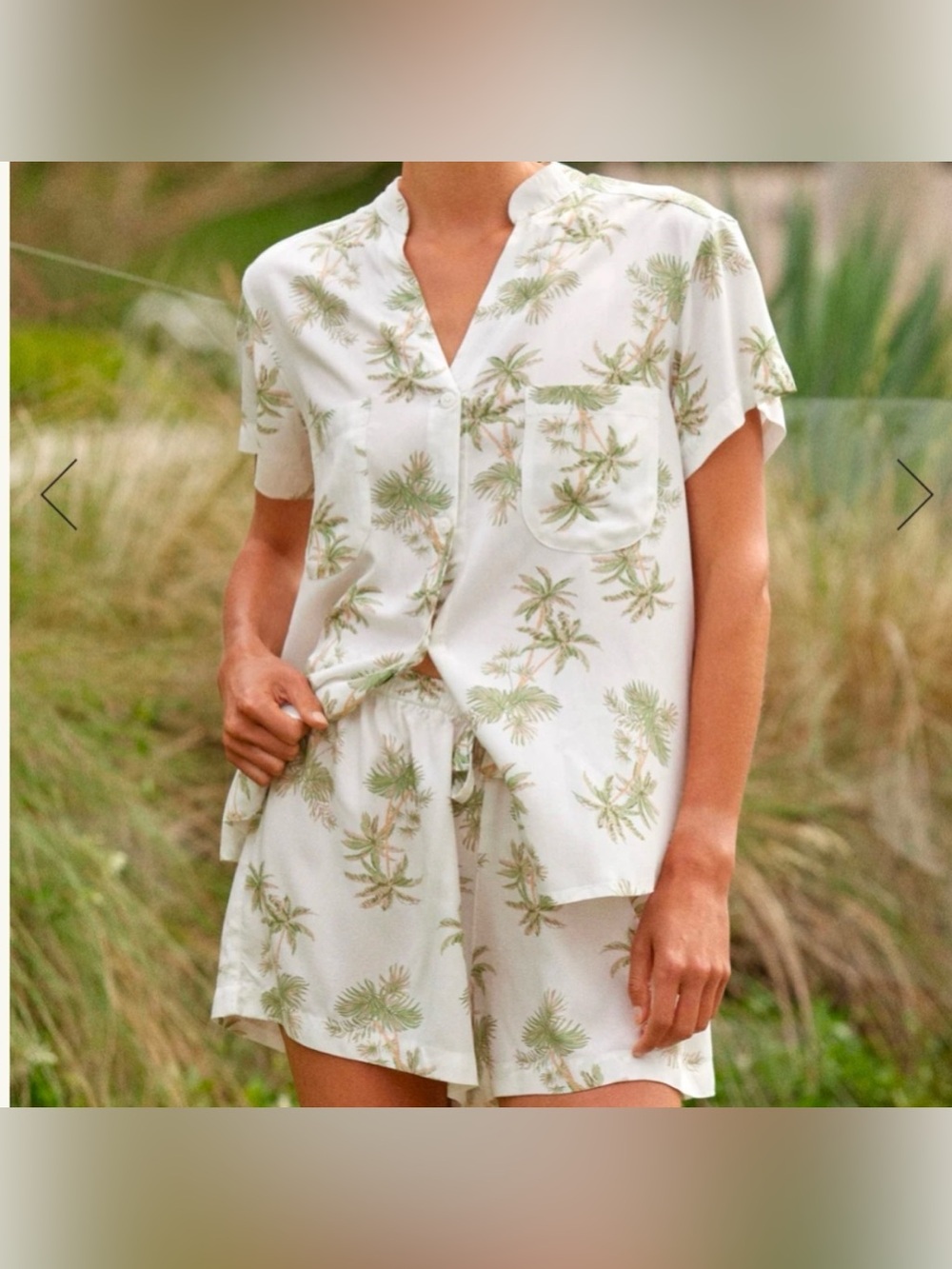 PIYAMA MAGGIE PAJAMA SHORT SET VINTAGE PALM TREES WHITE GREEN SIZE XS